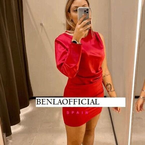 NWT ZARA ASYMMETRIC SATIN EFFECT DRESS RED - Picture 8 of 13